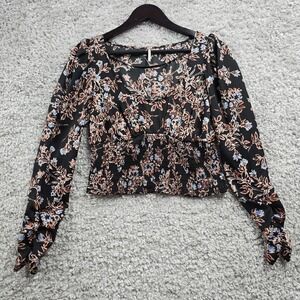 Free People Santiago Women Floral Smocked Top Size Small Long Sleeve Boho Grunge
